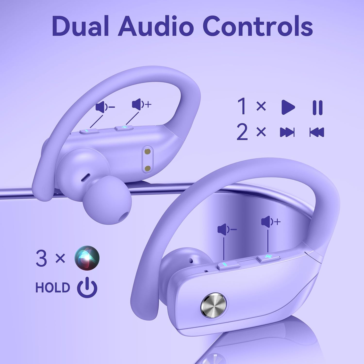 bmani Ear Buds Wireless Earbuds Bluetooth Headphones with 80H Playtime LED Display Case, Over-Ear Hook with Mic, Stereo Sound, Easy Button Controls, Sports Earphones for Running Workout Gym Purple