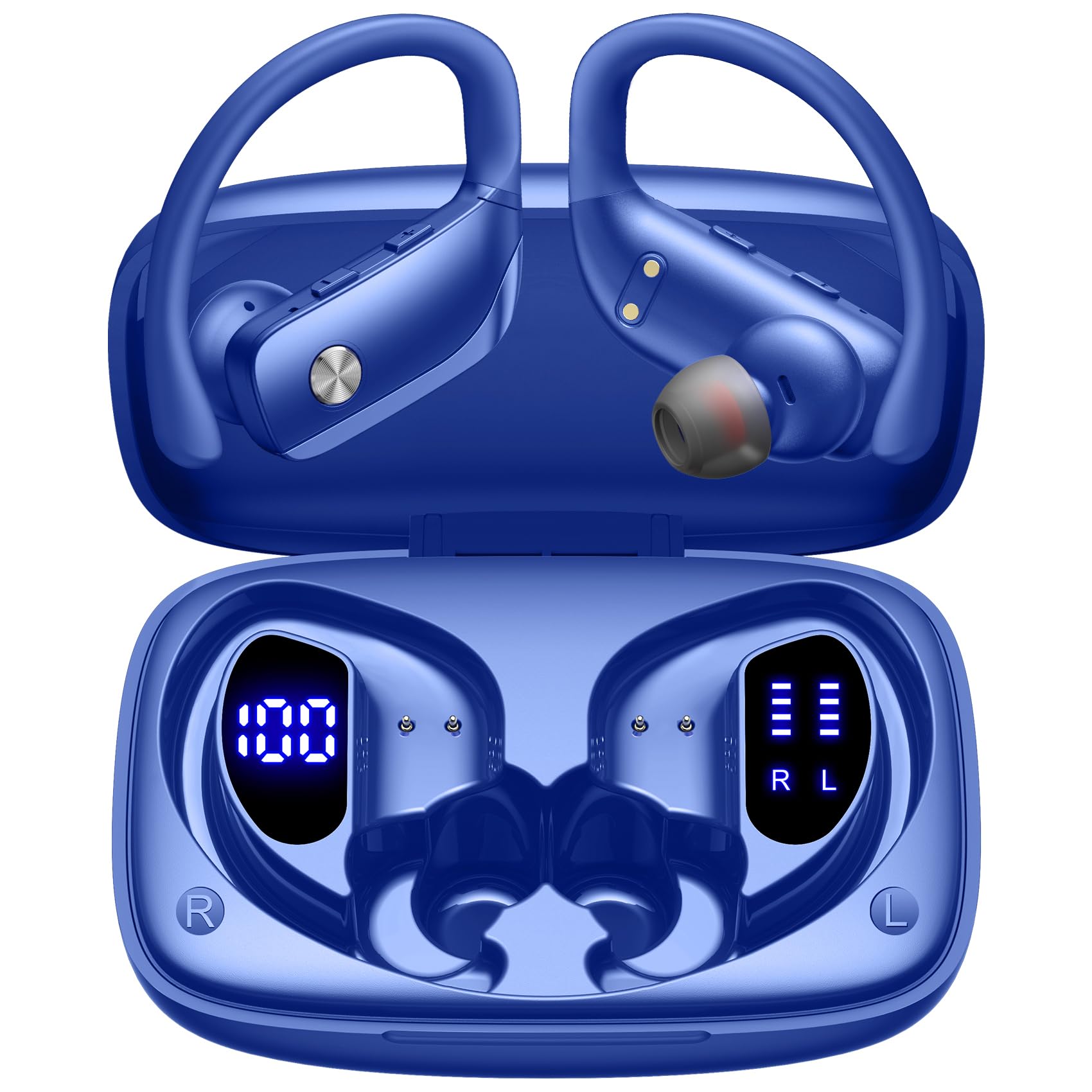 bmani Ear Buds Wireless Earbuds Bluetooth Headphones with 80H Playtime LED Display Case, Over-Ear Hook with Mic, Stereo Sound, Easy Button Controls, Sports Earphones for Running Workout Gym Purple