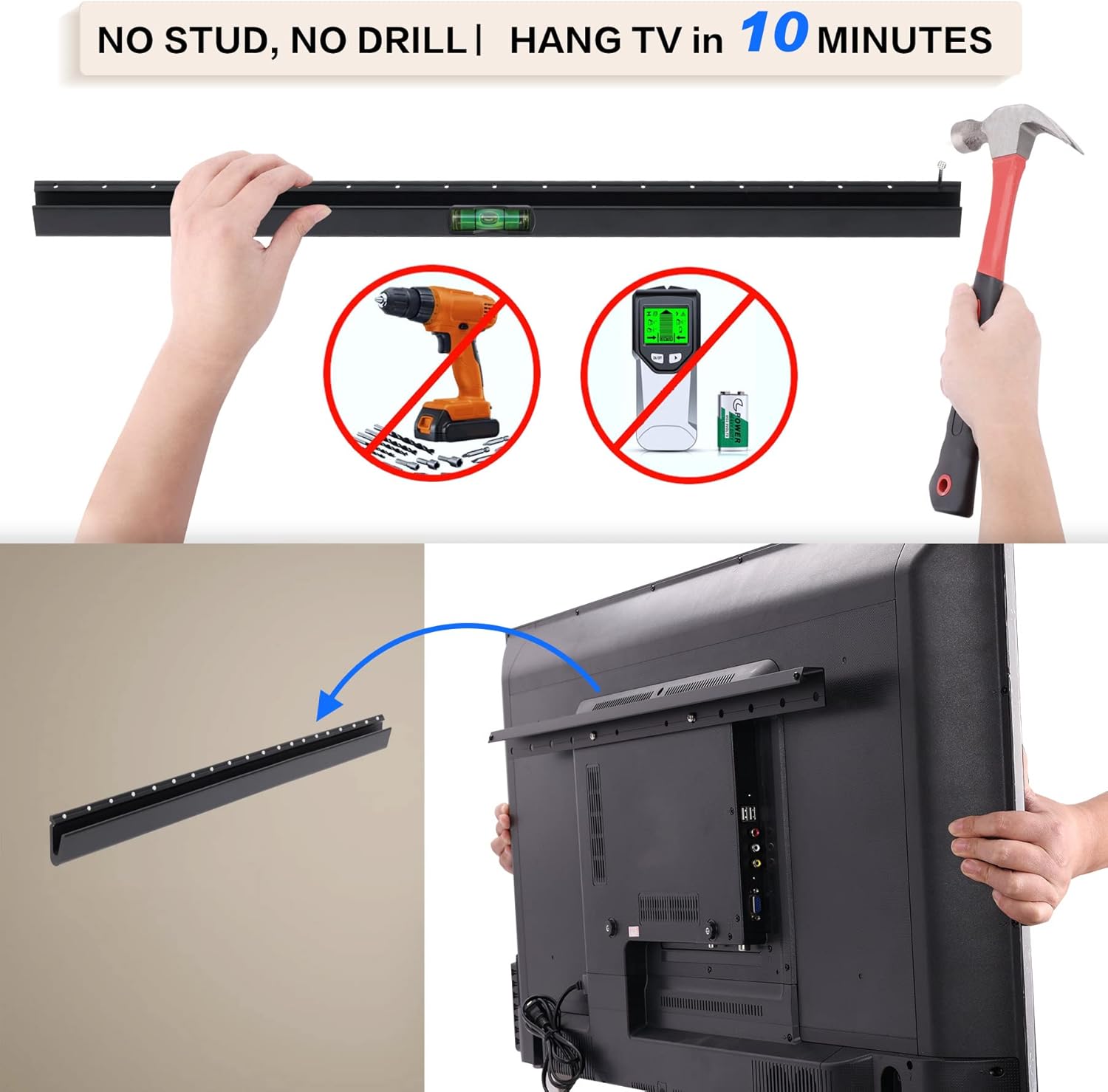 No Drill Drywall TV Mount, No Stud TV Wall Mount for Most Brand 22-55 Inch TVs up to 100 lbs, Easy Install No Stud Studless TVs Wall Mount, Include All Hardware- Level Bubble Meter