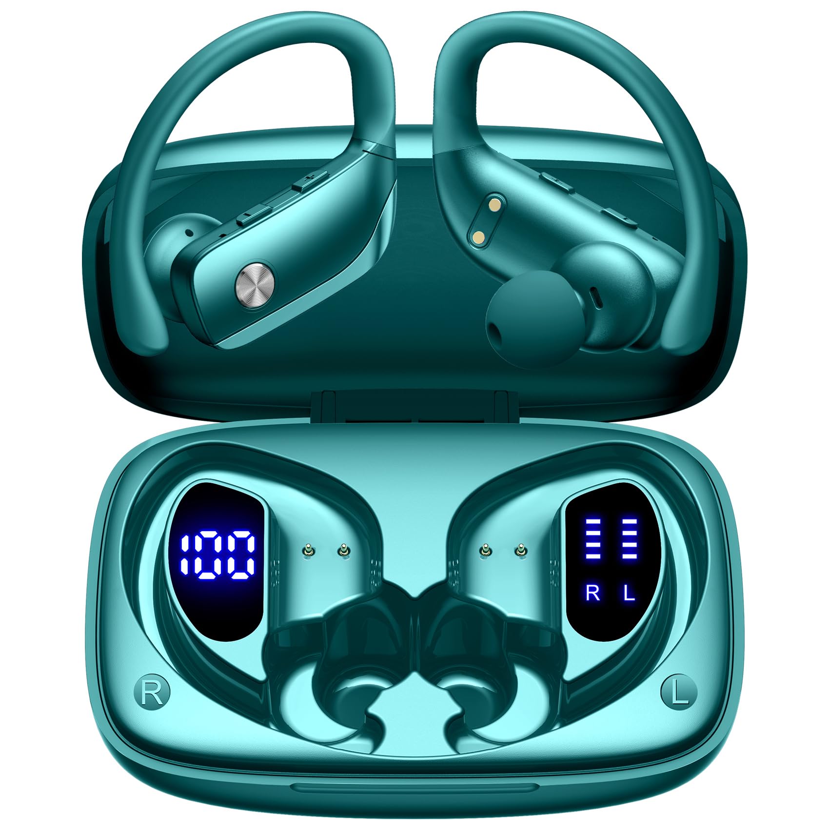 bmani Ear Buds Wireless Earbuds Bluetooth Headphones with 80H Playtime LED Display Case, Over-Ear Hook with Mic, Stereo Sound, Easy Button Controls, Sports Earphones for Running Workout Gym Purple