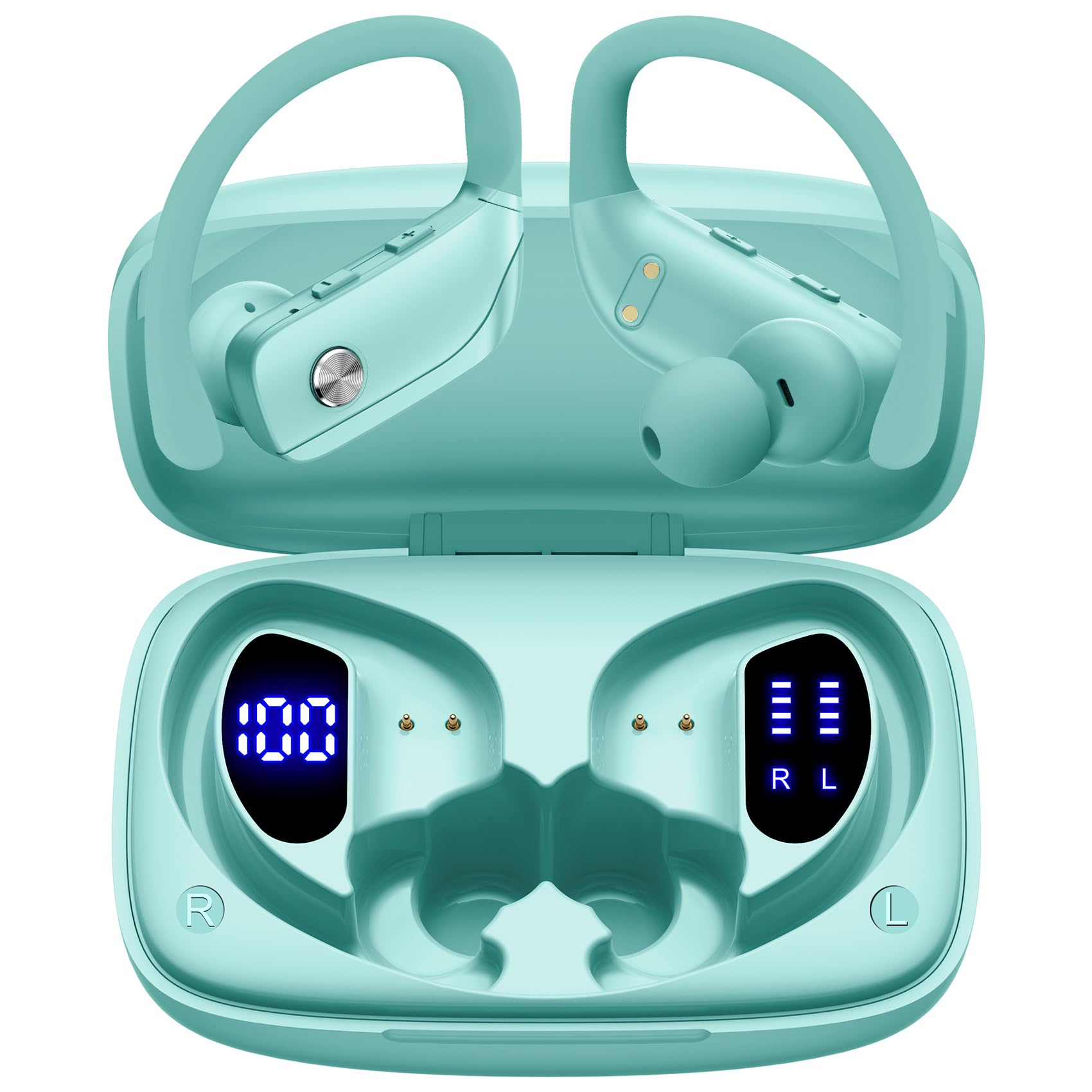 bmani Ear Buds Wireless Earbuds Bluetooth Headphones with 80H Playtime LED Display Case, Over-Ear Hook with Mic, Stereo Sound, Easy Button Controls, Sports Earphones for Running Workout Gym Purple